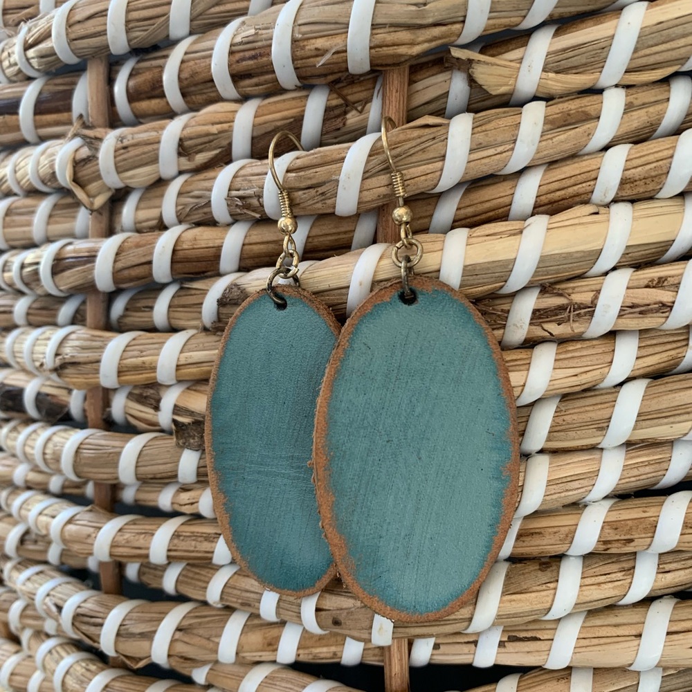 Genuine leather painted blue oval shaped earrings